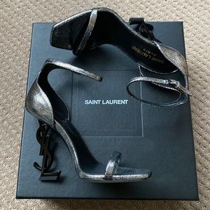 Saint Laurent Opyum 110 Sandals in Metallic Leather with a Black Heel